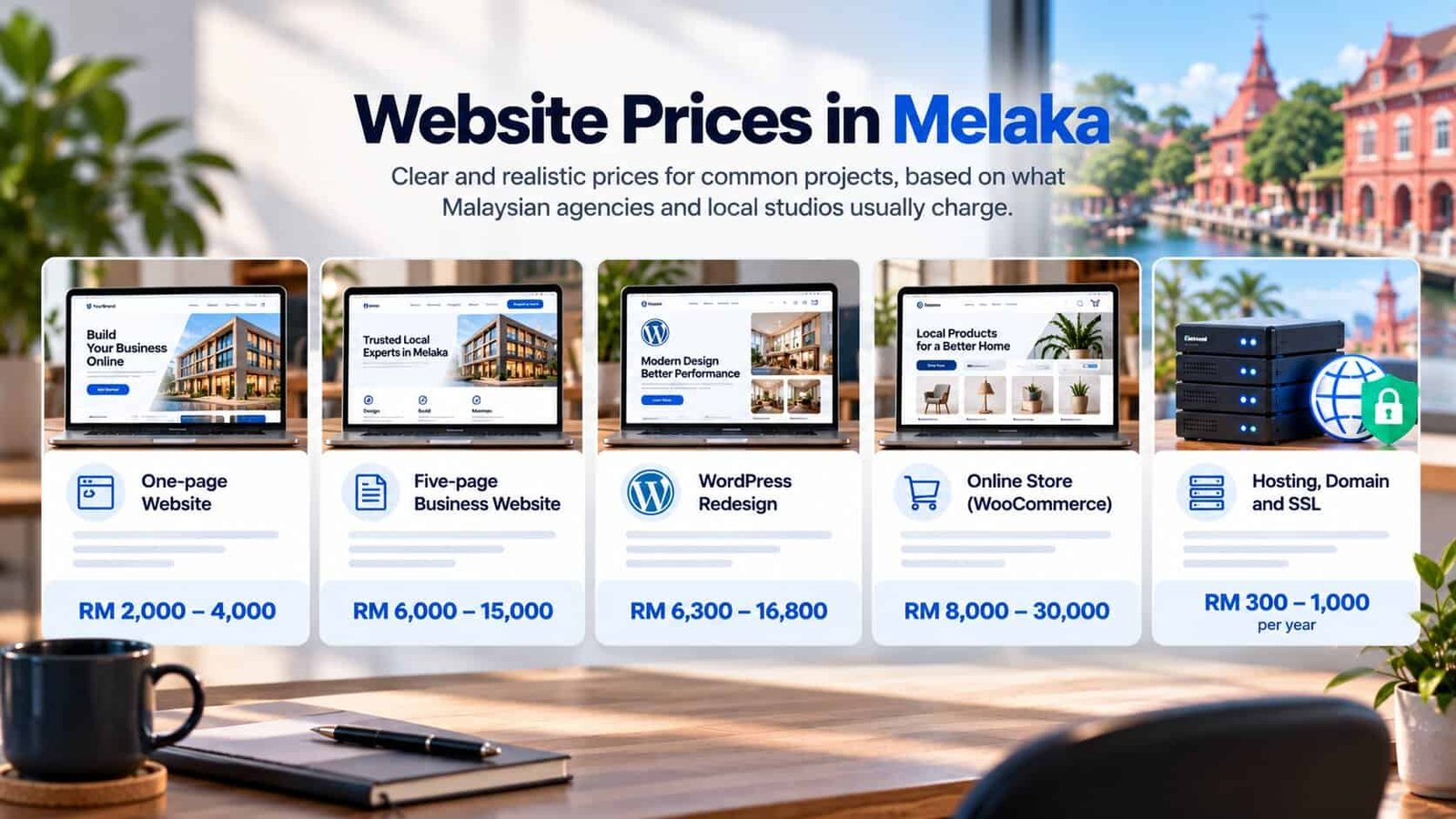 Typical website prices in Melaka and Malaysia: one-page website RM 2,000 – 4,000, five-page business website RM 6,000 – 15,000, WordPress redesign RM 6,300 – 16,800, online store RM 8,000 – 30,000, hosting, domain and SSL RM 300 – 1,000 a year